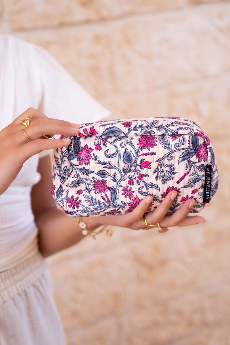 Pale pink toiletry bag with floral print | My Jewellery
