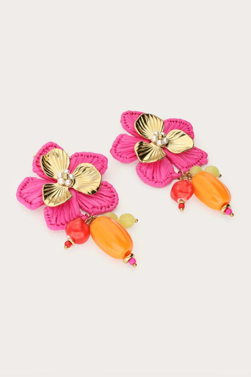 Tropical statement drop earrings with pink flower and beads | My Jewellery