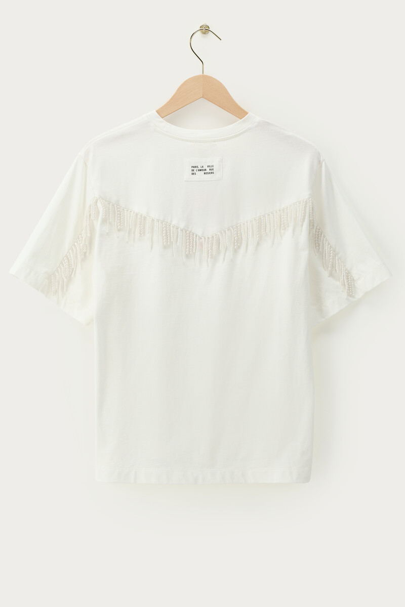 White T-shirt with pearl frills | My Jewellery