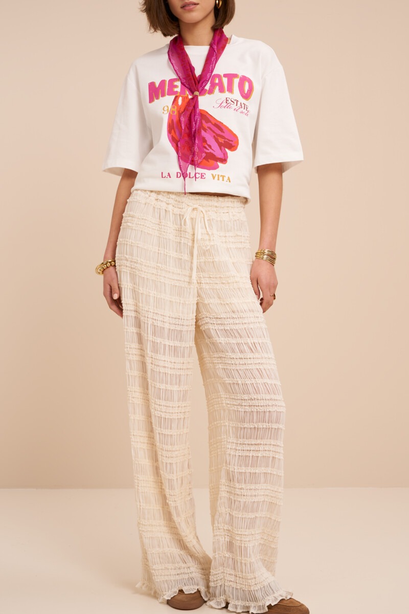 White wide leg trousers with ruflles | My Jewellery