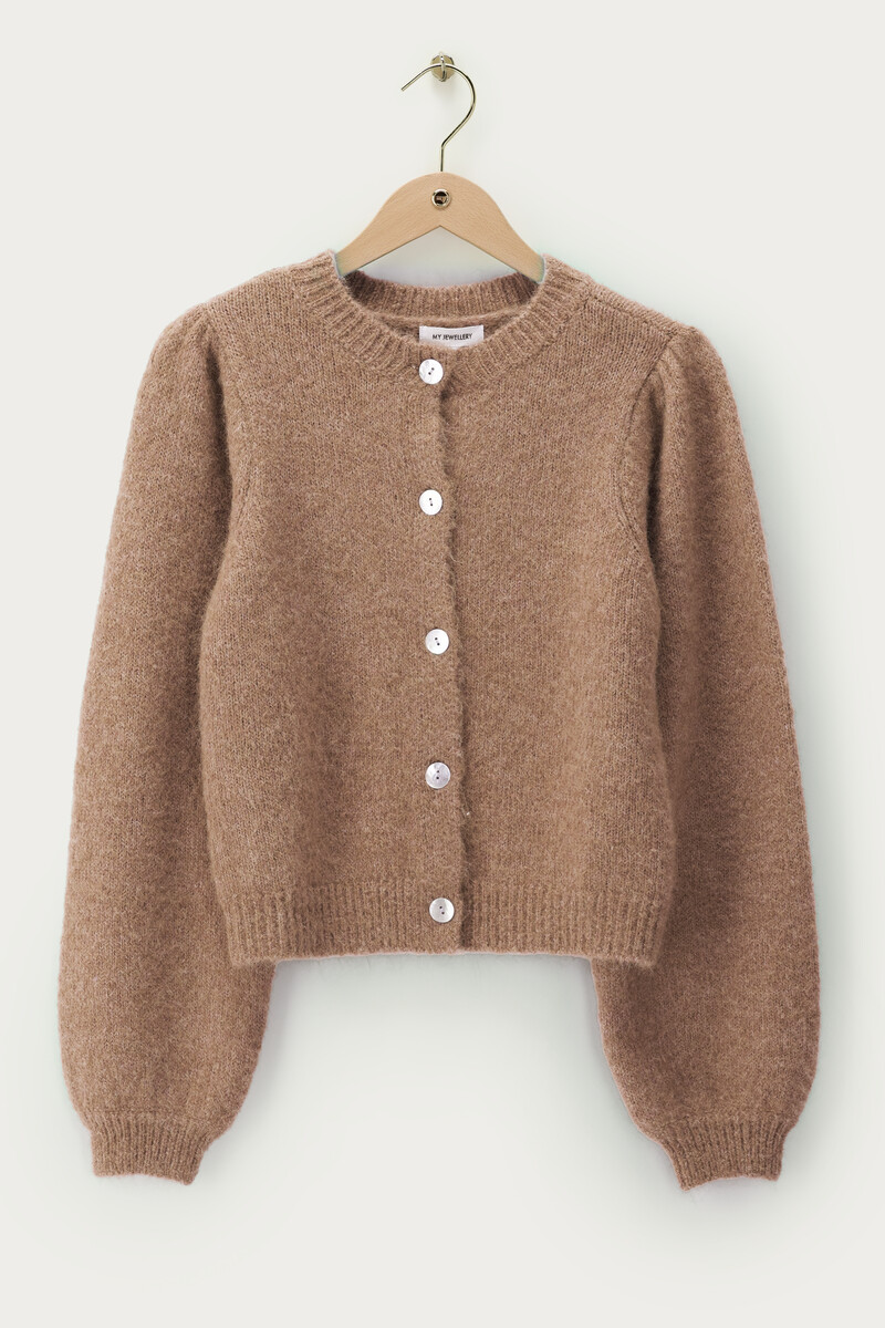 Brown cardigan with buttons and puff sleeves | My Jewellery