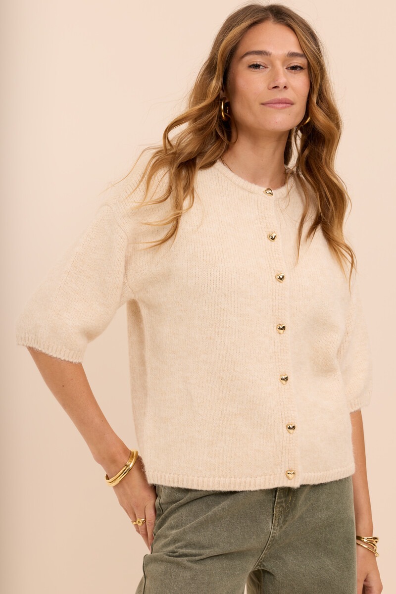 Beige cardigan with short sleeves and heart buttons | My Jewellery