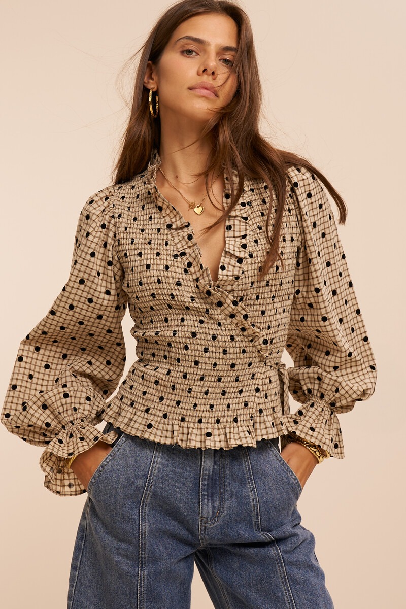 Beige check wrap top with polka dots | My Jewellery