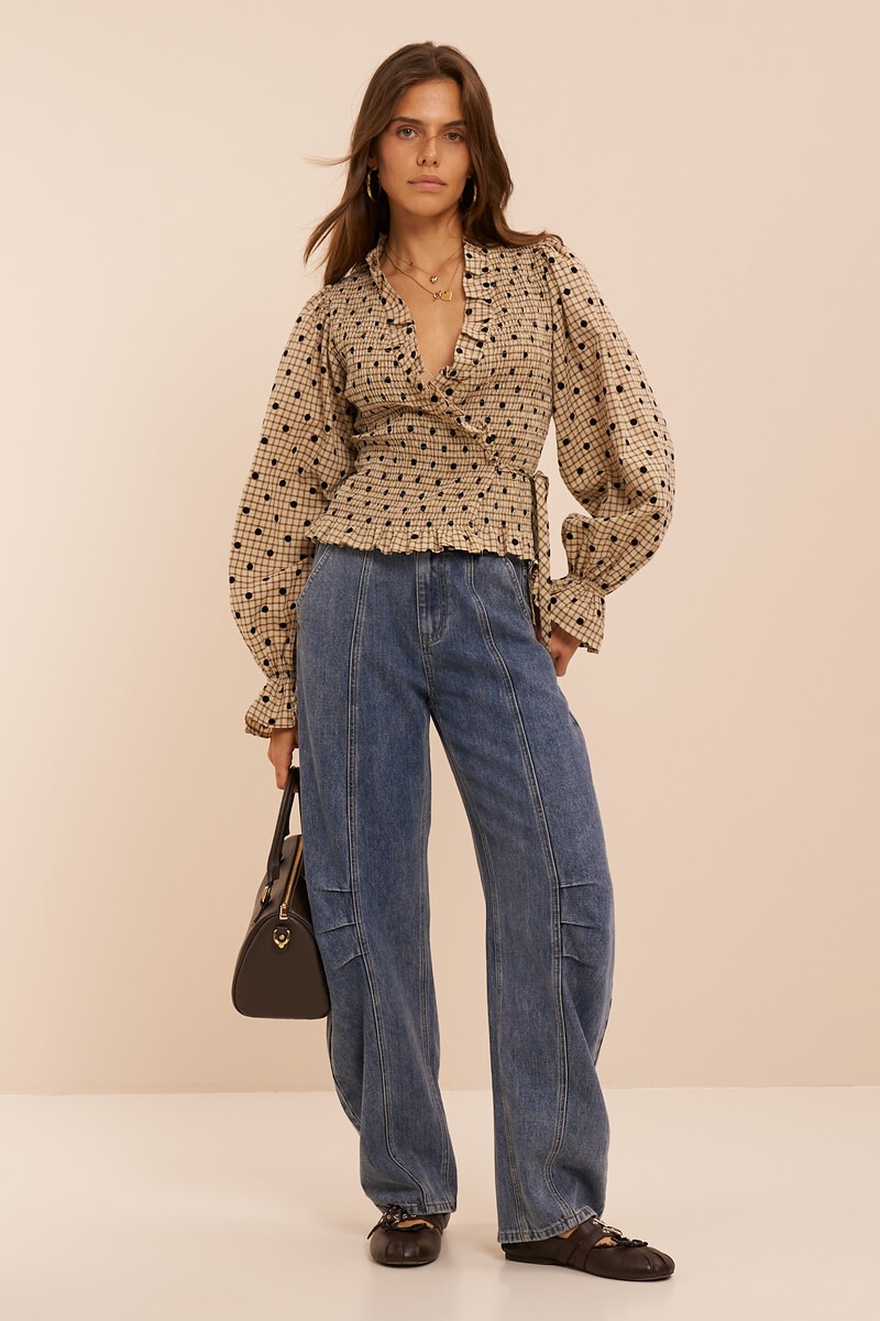 Beige check wrap top with polka dots | My Jewellery