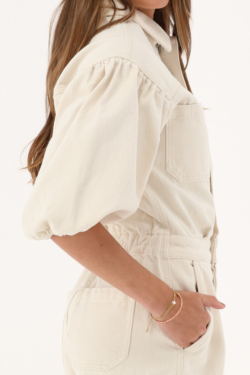 Beige denim playsuit with puff sleeves | My Jewellery
