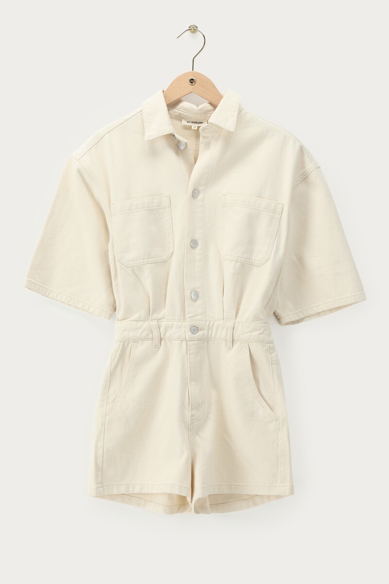 Beige denim playsuit met wijde mouwen