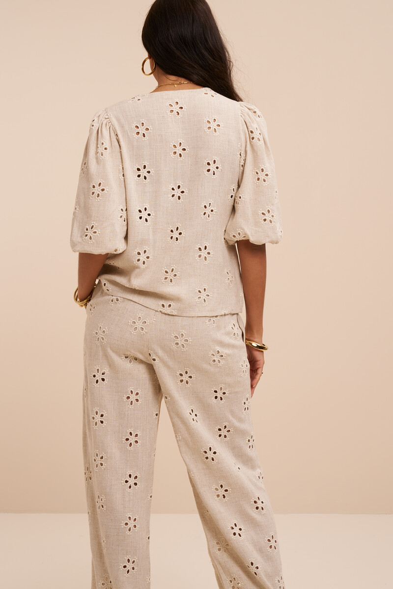 Beige embroidery anglaise top with short puff sleeves | My Jewellery