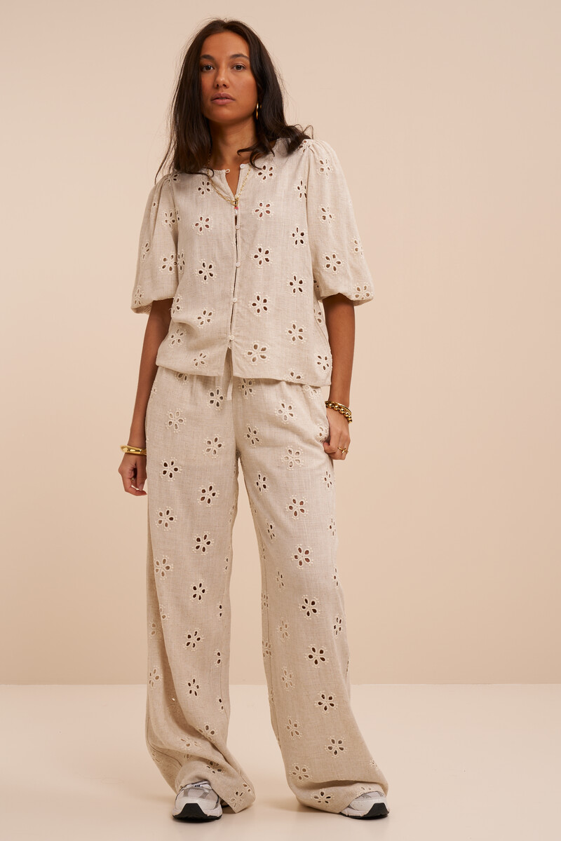 Beige embroidery anglaise top with short puff sleeves | My Jewellery