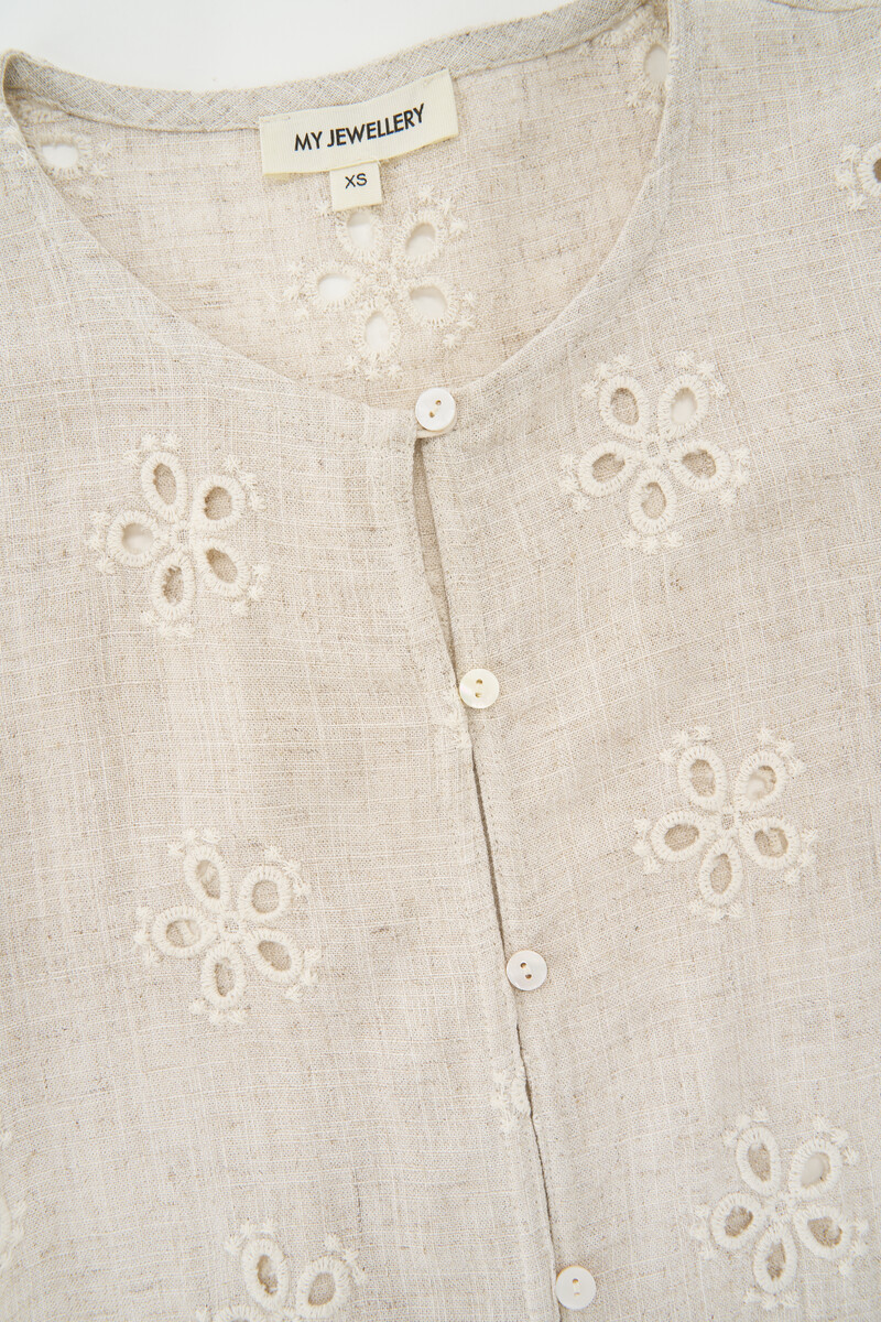 Beige embroidery anglaise top with short puff sleeves | My Jewellery