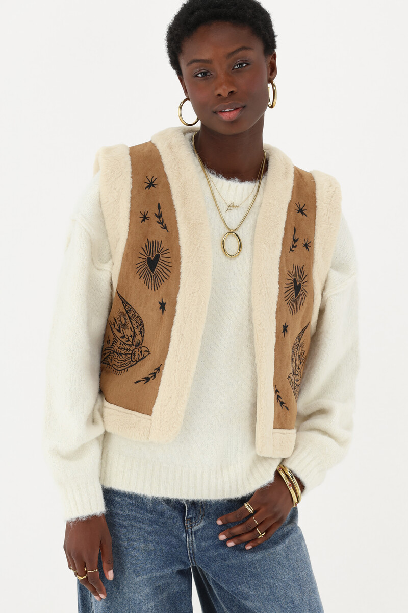 Beige gilet with embroidery in suede look | My Jewellery