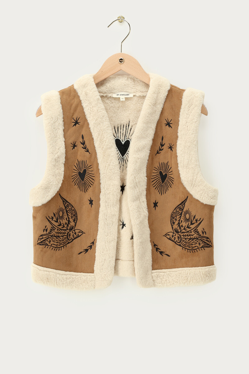 Beige gilet with embroidery in suede look | My Jewellery