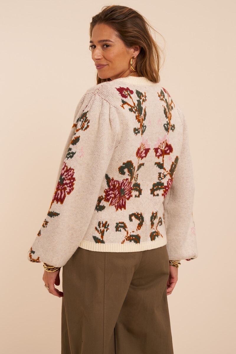 Beige jacquard cardigan with flower buttons | My Jewellery