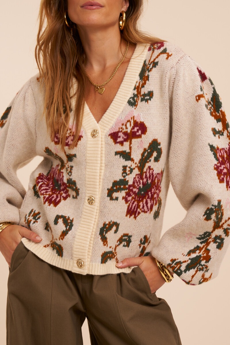 Beige jacquard cardigan with flower buttons | My Jewellery