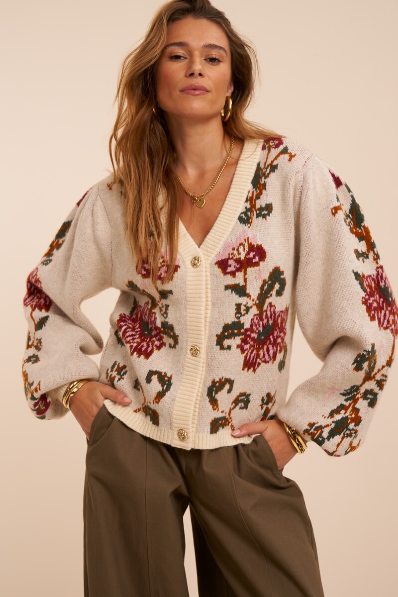 Beige jacquard cardigan with flower buttons | My Jewellery
