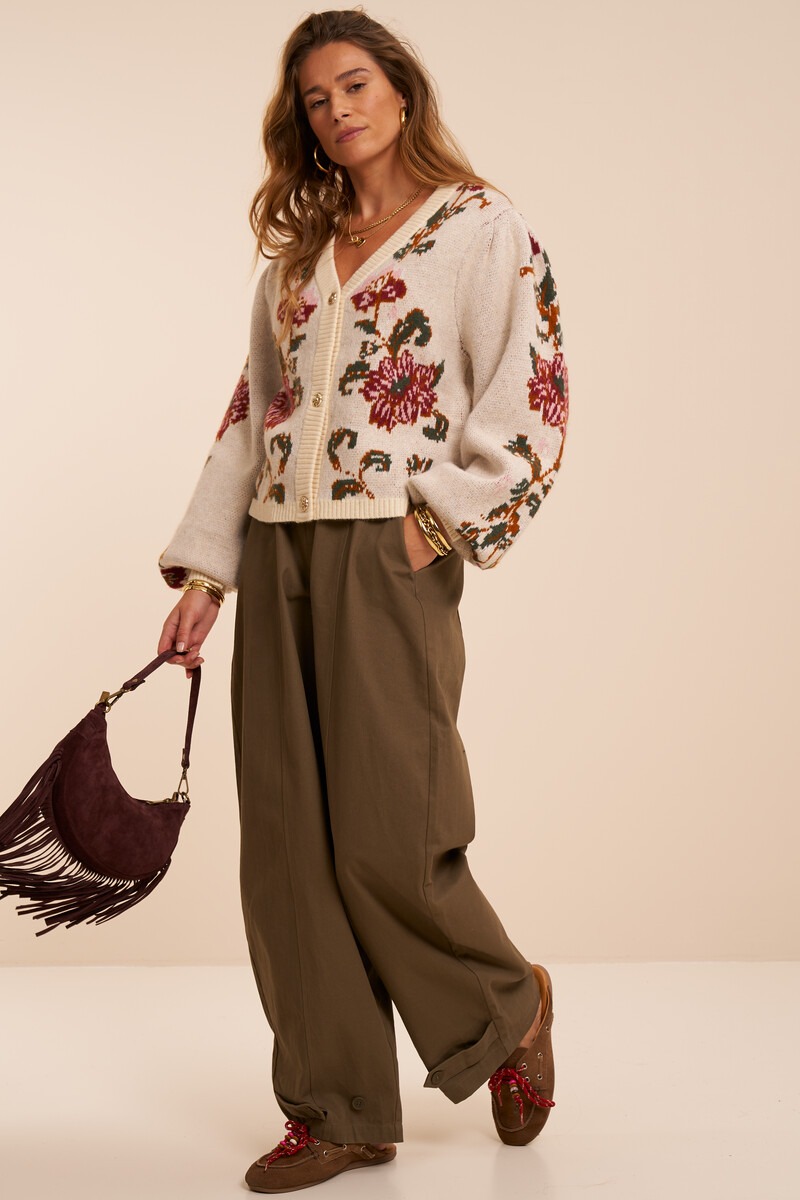 Beige jacquard cardigan with flower buttons | My Jewellery