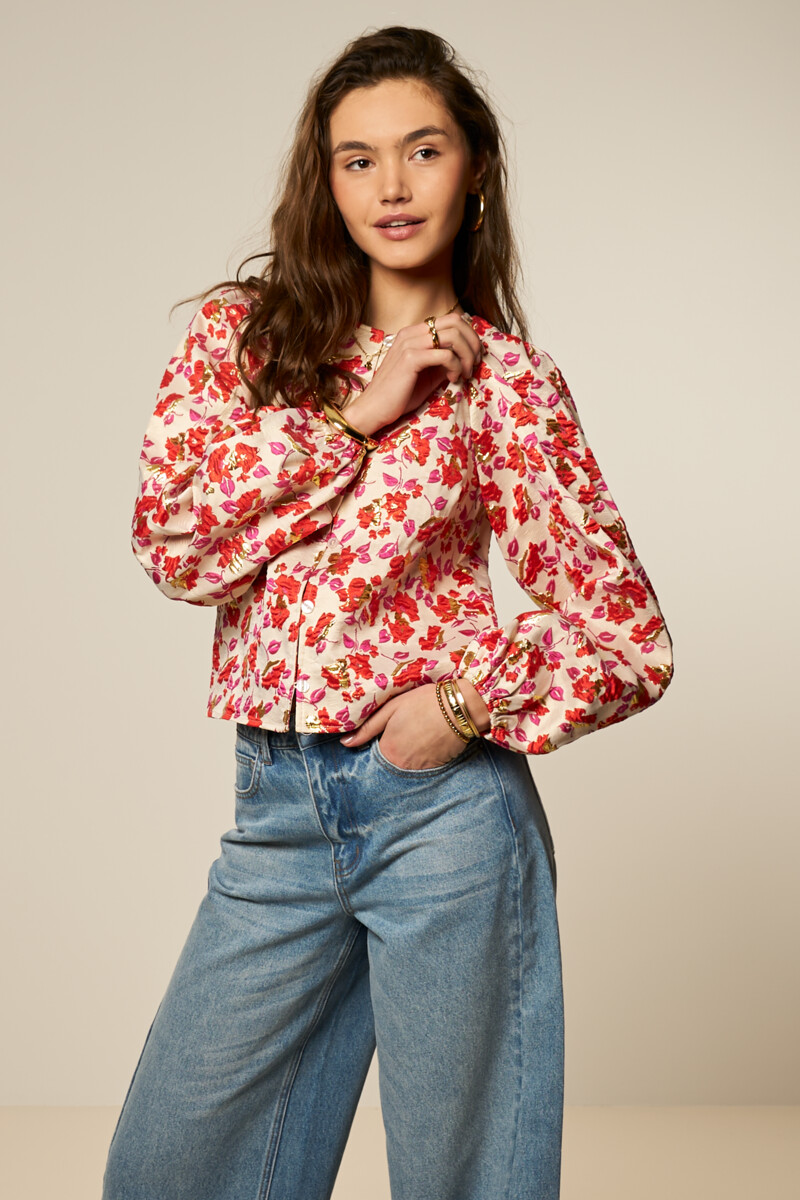 Beige jacquard floral top with long sleeves | My Jewellery