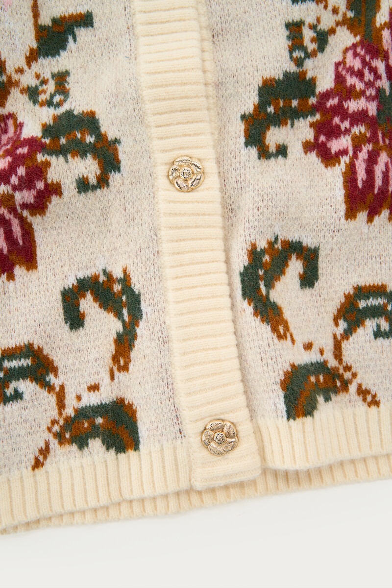 Beige jaquard cardigan with flower buttons | My Jewellery