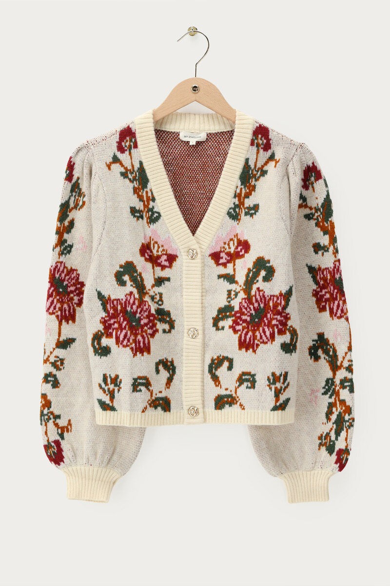 Beige jaquard cardigan with flower buttons | My Jewellery