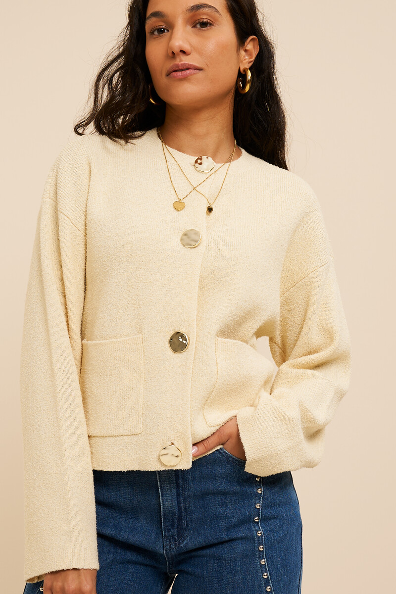 Beige knit cardigan with gold buttons | My Jewellery