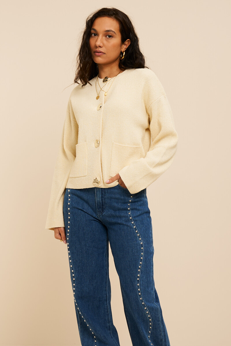 Beige knit cardigan with gold buttons | My Jewellery