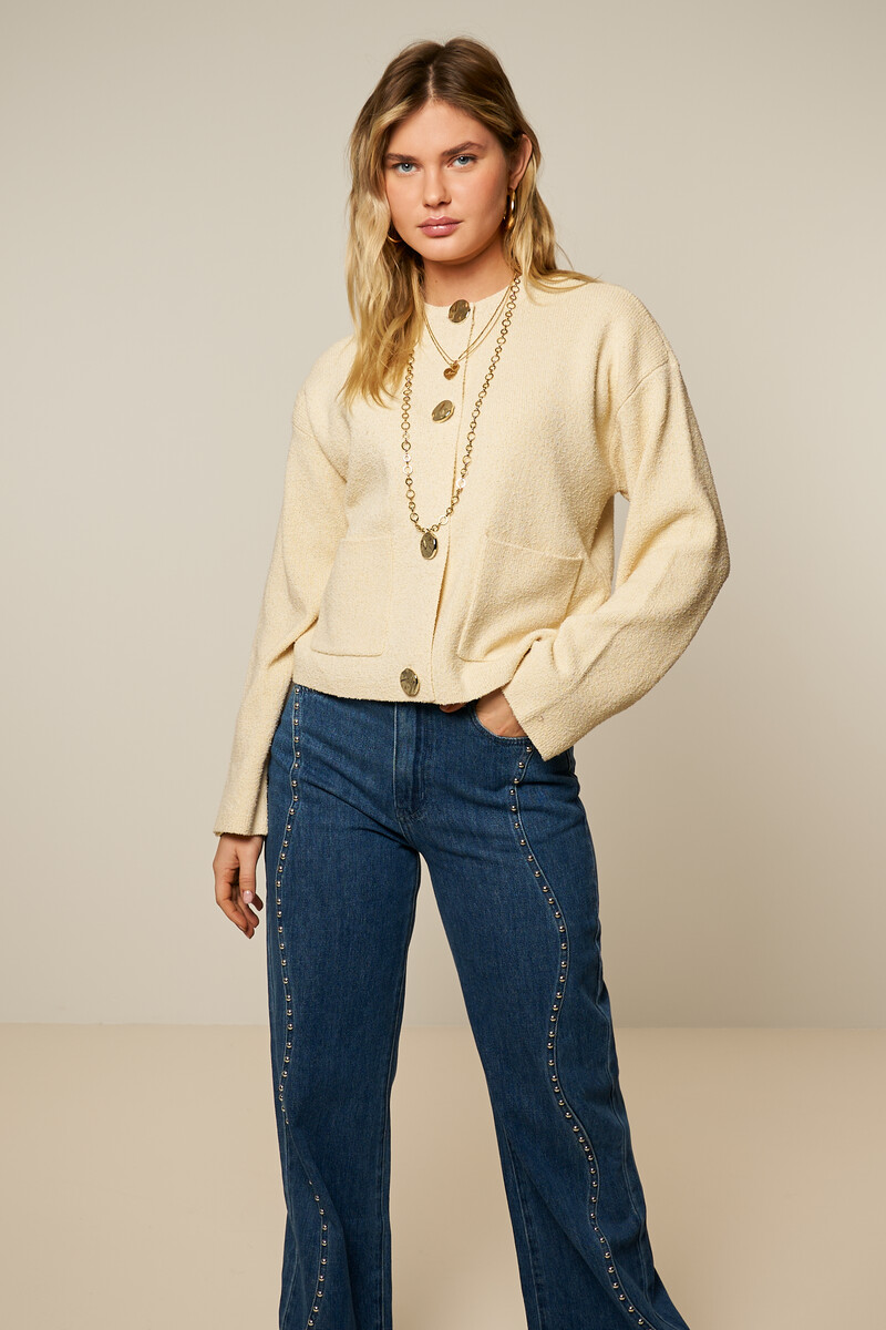 Beige knit cardigan with gold buttons | My Jewellery