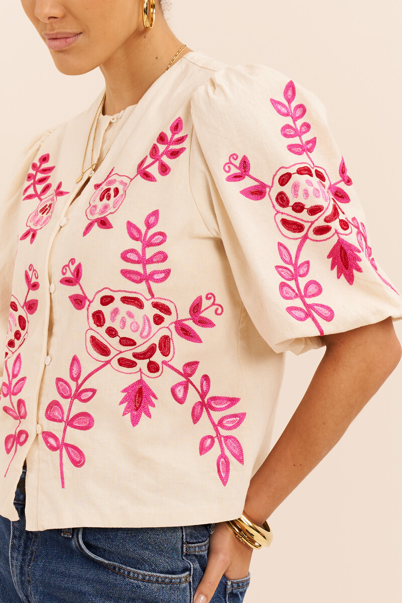 Beige linen look top with pink embroidery | My Jewellery