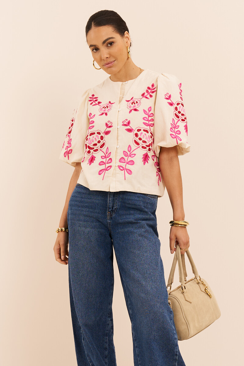 Beige linen look top with pink embroidery | My Jewellery