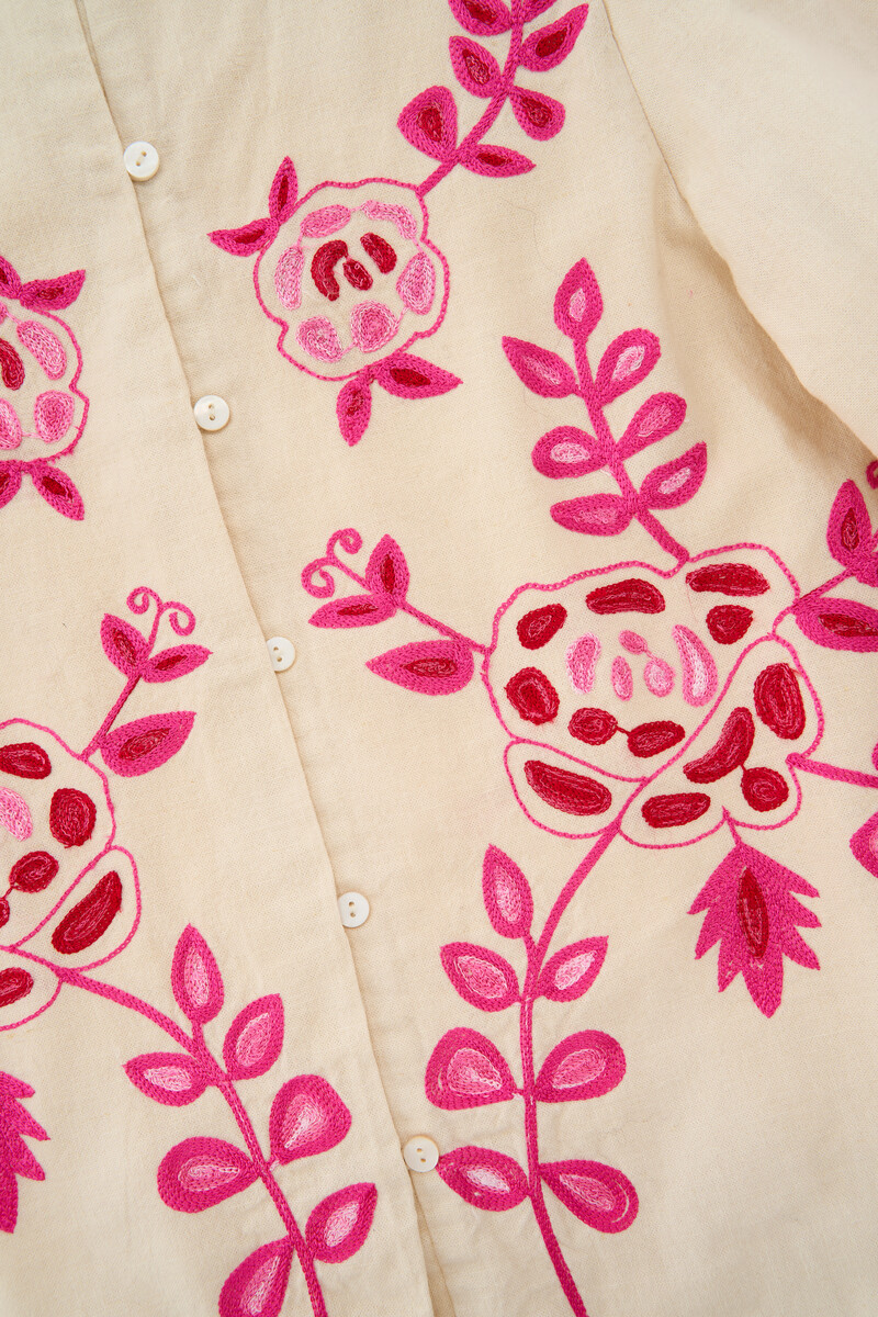 Beige linen look top with pink embroidery | My Jewellery