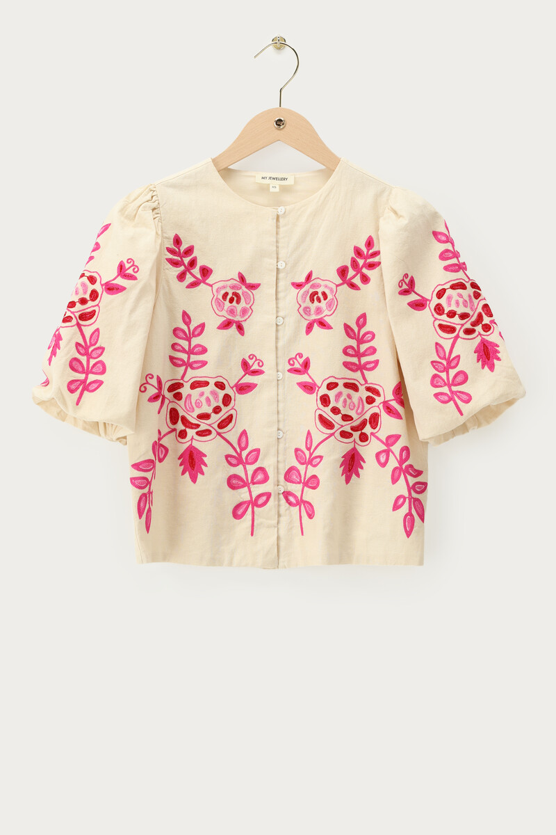 Beige linen look top with pink embroidery | My Jewellery