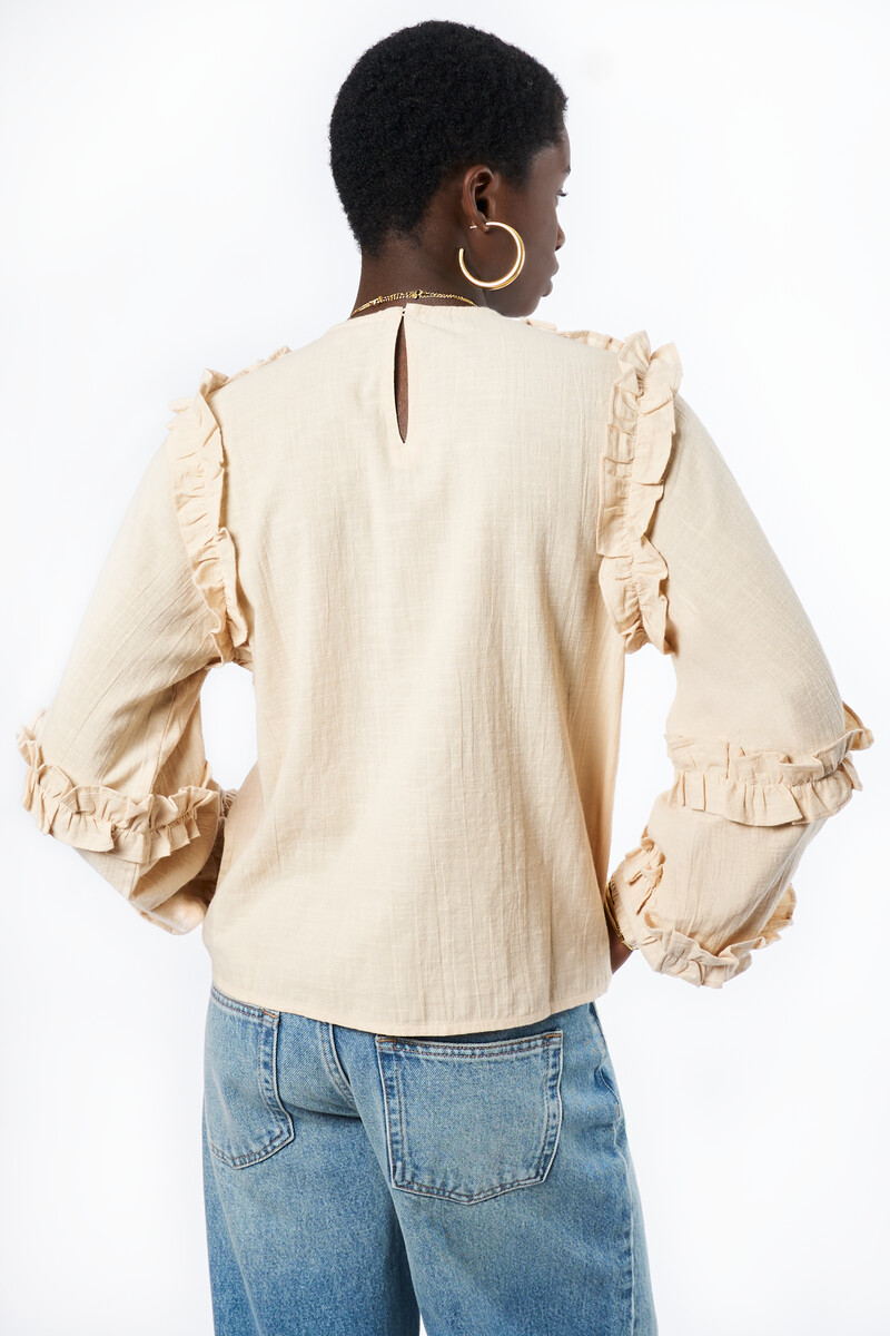 Beige linen look top with ruffles | My Jewellery