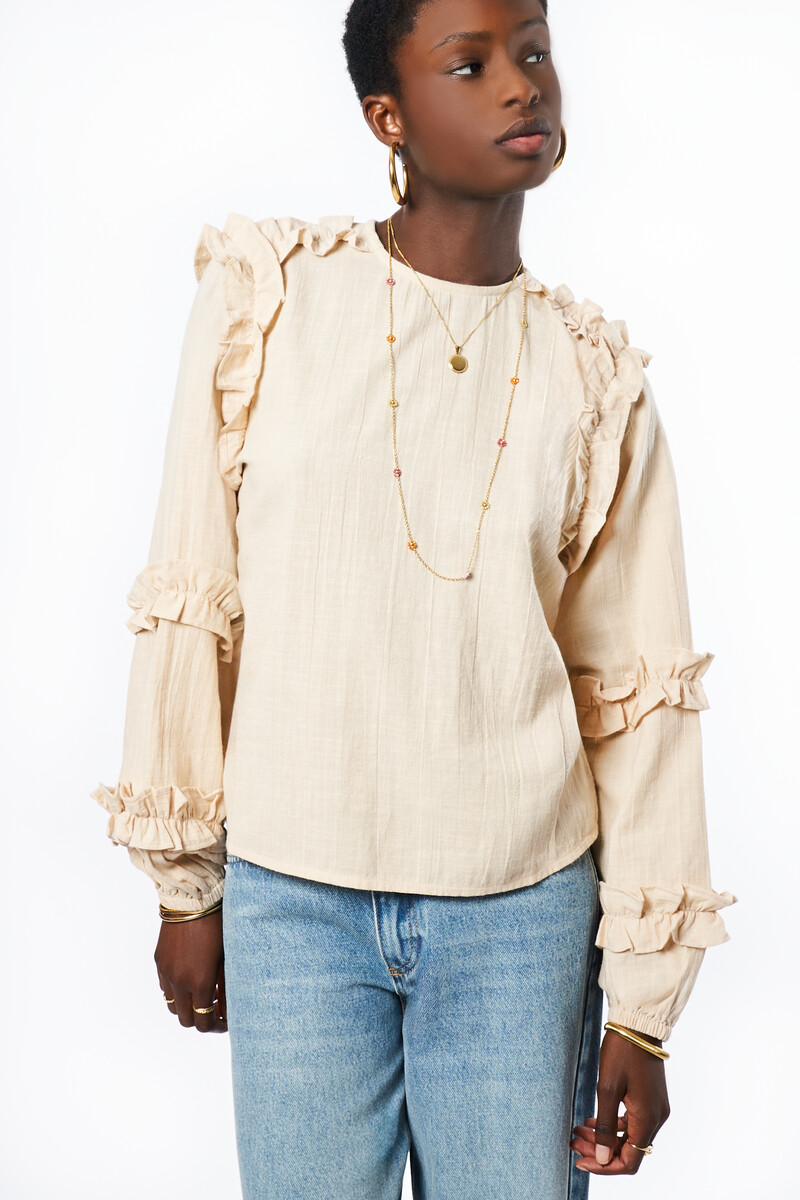 Beige linen look top with ruffles | My Jewellery