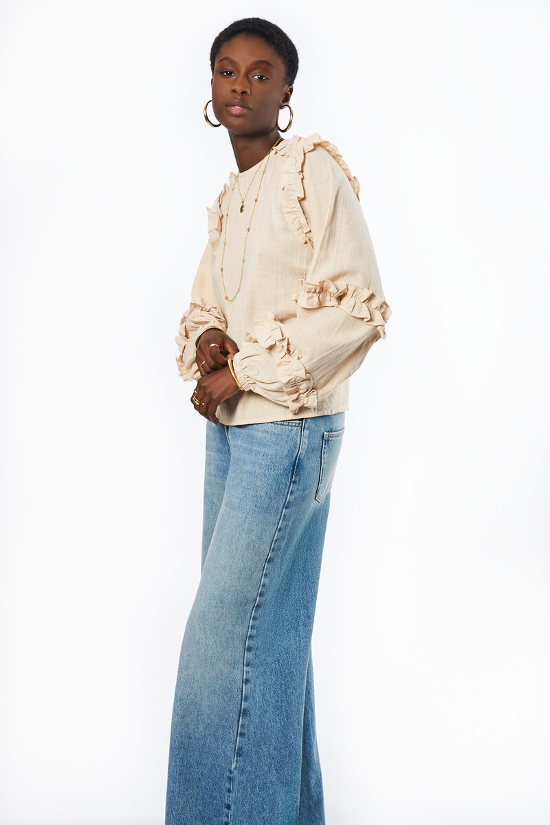 Beige linen look top with ruffles | My Jewellery