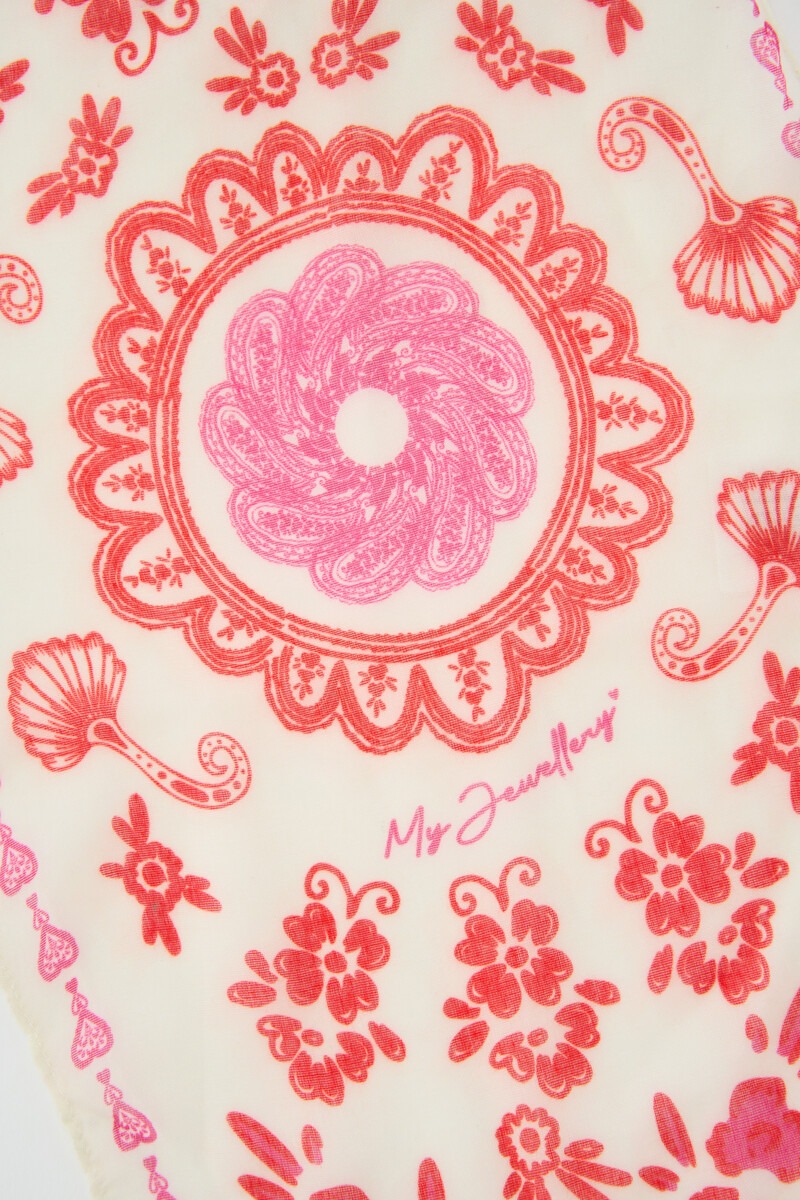 Beige scarf with red pink paisley print | My Jewellery