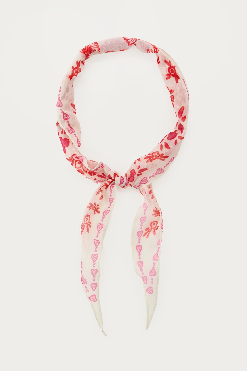 Beige scarf with red pink paisley print | My Jewellery