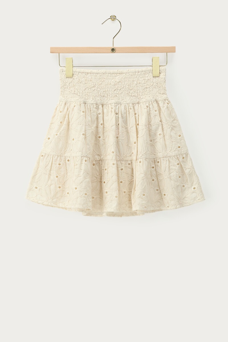 Beige short skirt with embroidery and elasticated waistband | My Jewellery