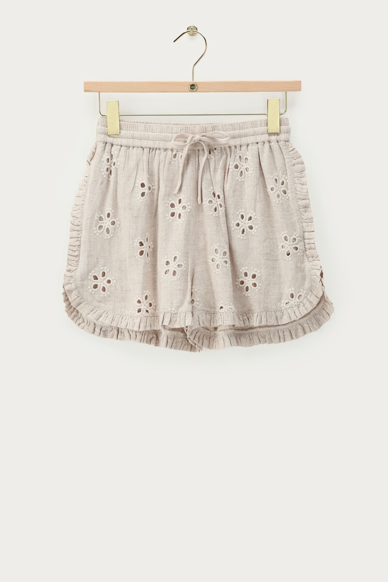 Beige shorts with elasticated waistband and embroidery | My Jewellery
