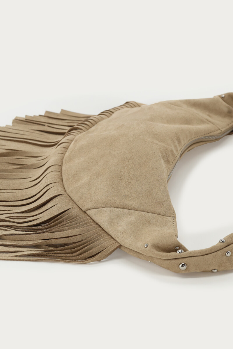 Beige shoulder bag with fringes and studs | My Jewellery