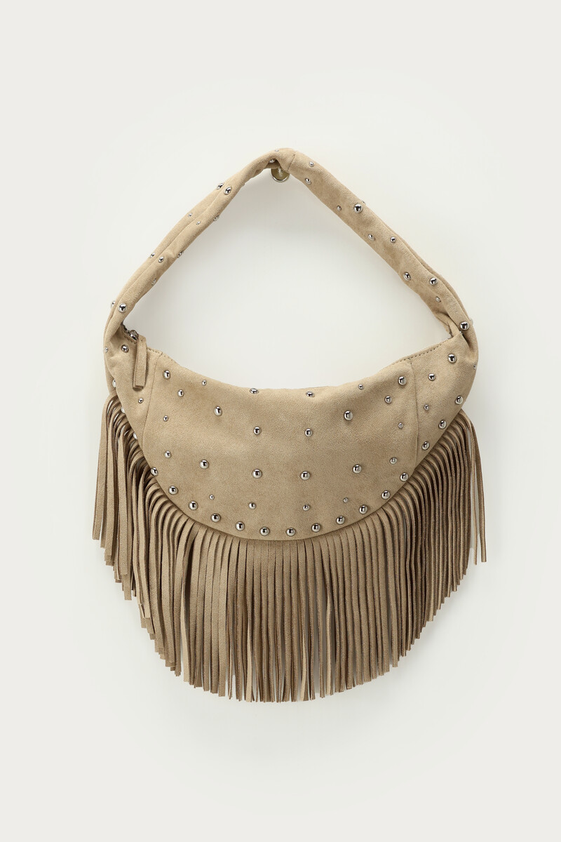 Beige shoulder bag with fringes and studs | My Jewellery