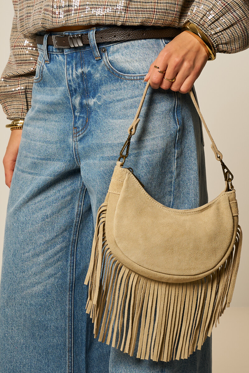 Beige suede shoulder bag with fringes | My Jewellery