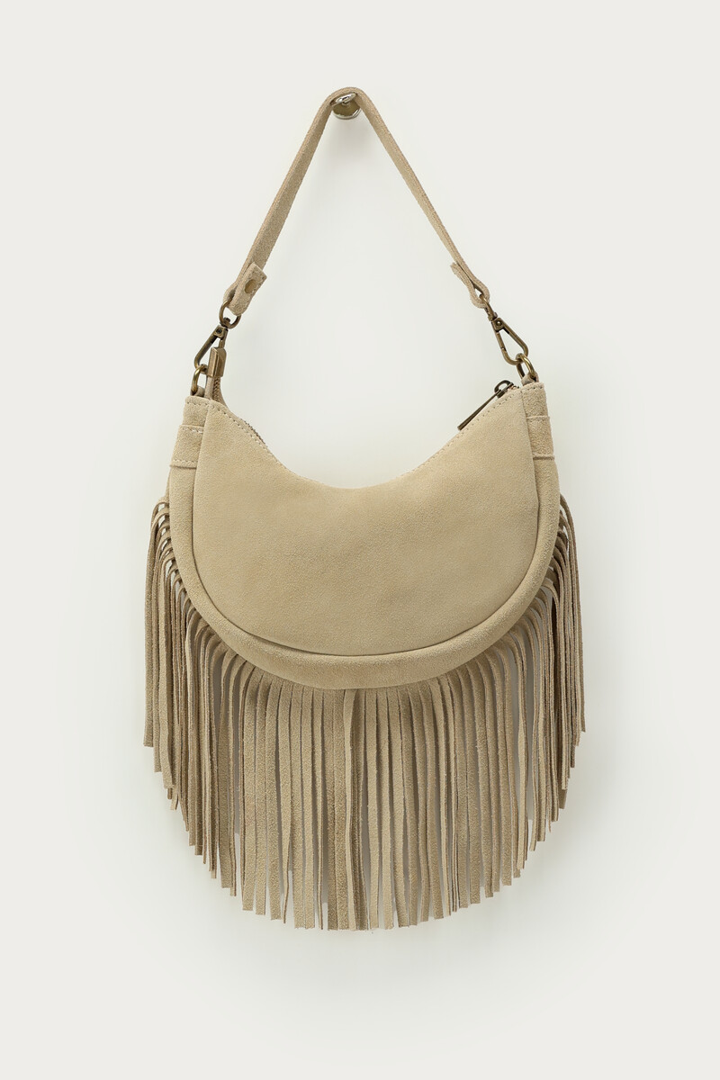Beige suede shoulder bag with fringes | My Jewellery