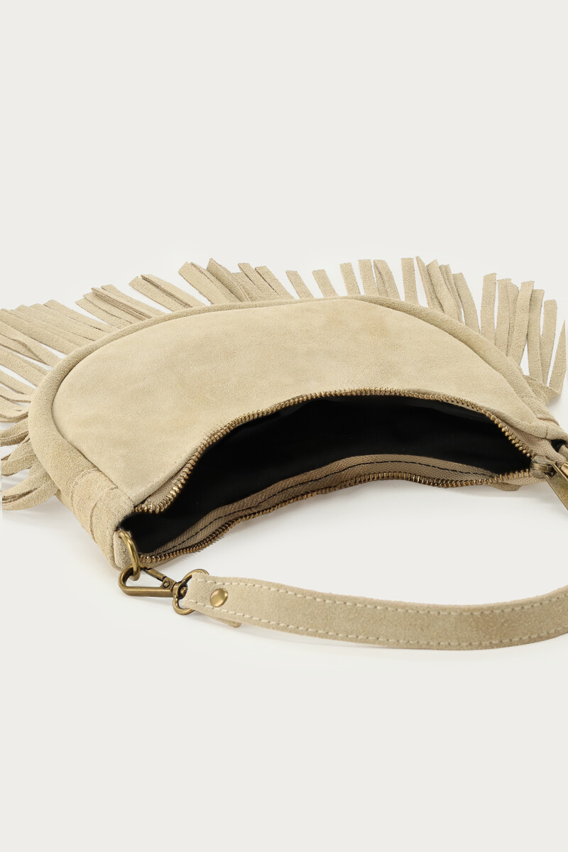 Beige suede shoulder bag with fringes | My Jewellery