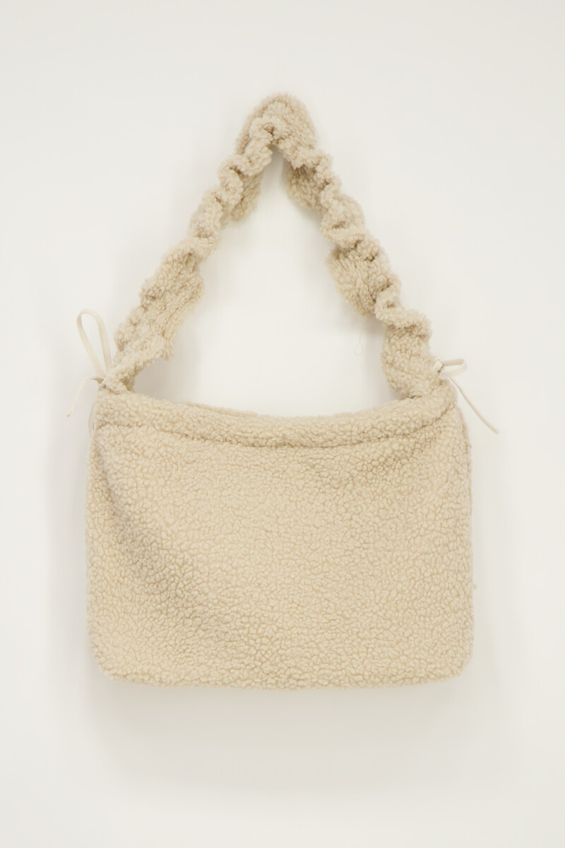 Beige teddy tote bag with ruffle strap | My Jewellery