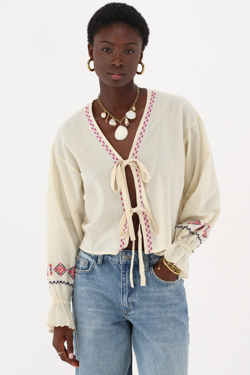 Beige top with bows & embroidery details | My Jewellery
