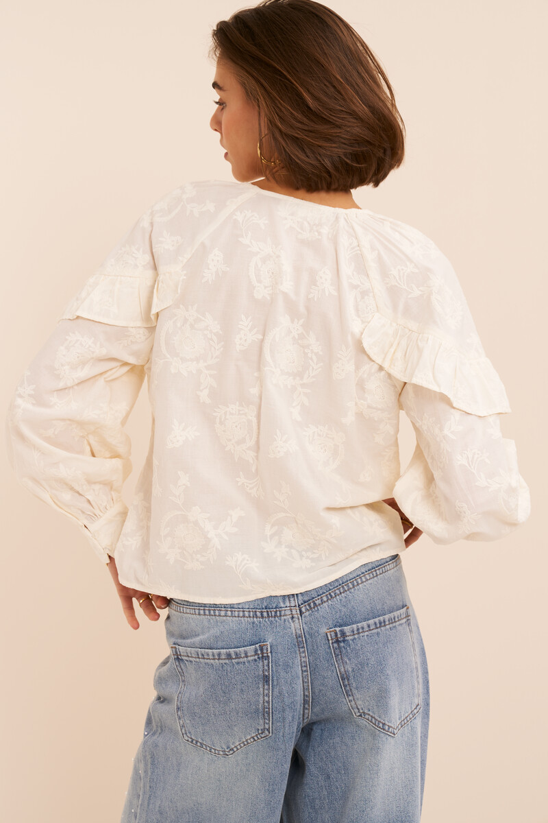 Beige top with ruffles and embroidery details | My Jewellery