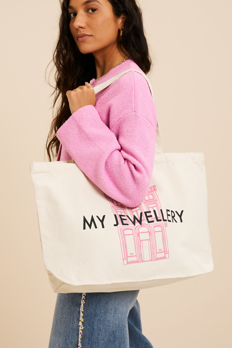 Beige tote bag with pink store | My Jewellery