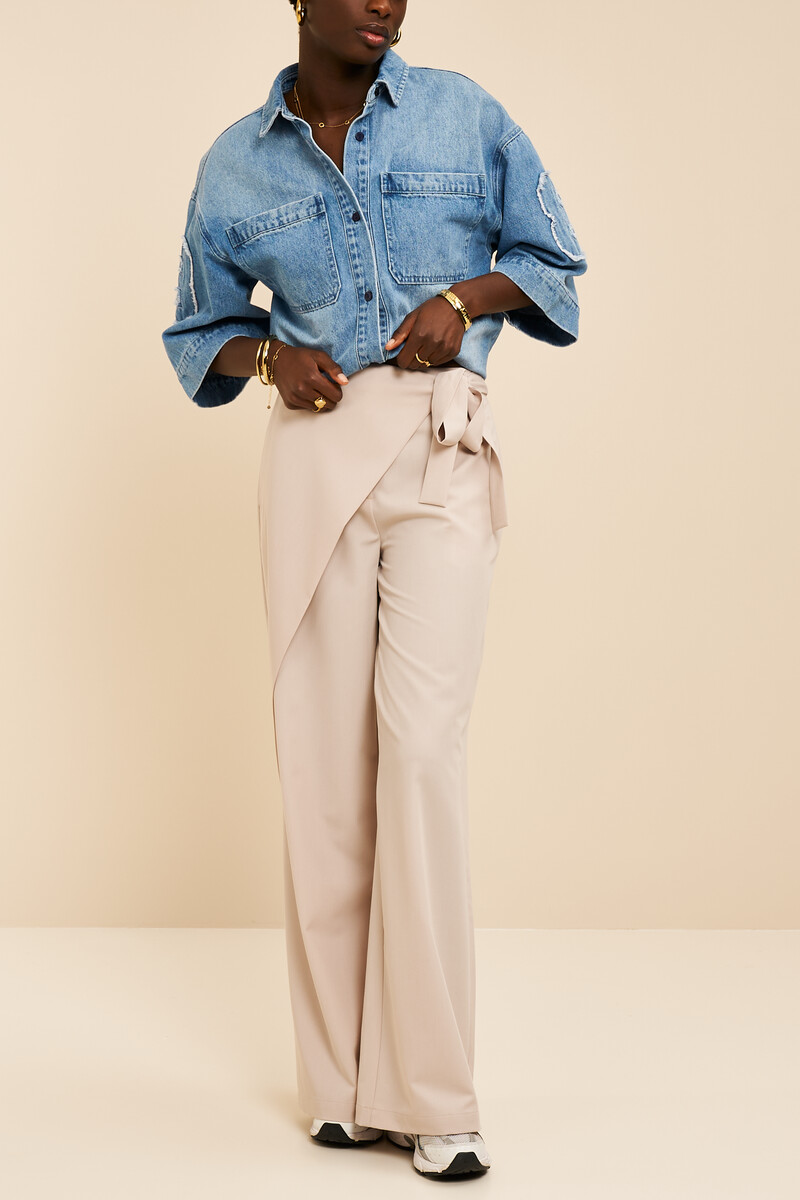 Beige wide leg trousers with diagonal overlap | My Jewellery