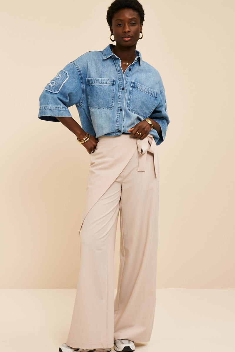 Beige wide leg trousers with diagonal overlap | My Jewellery