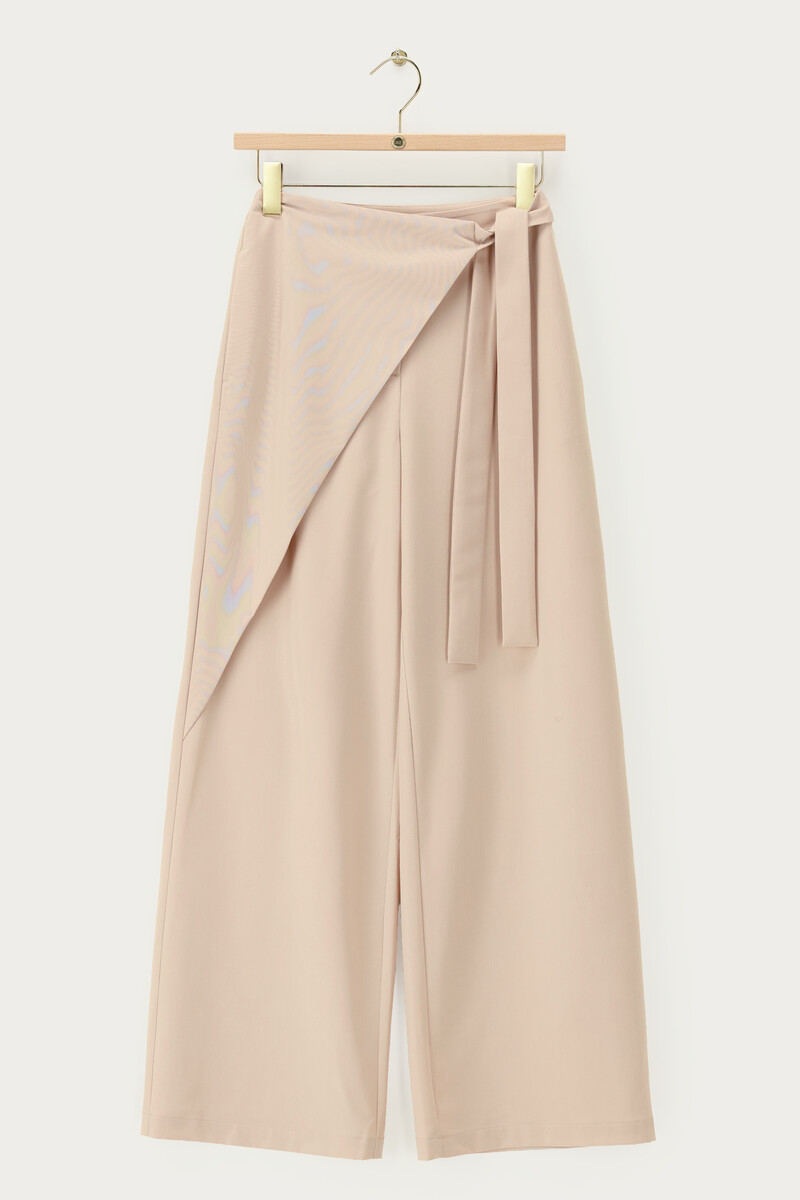 Beige wide leg trousers with diagonal overlap | My Jewellery