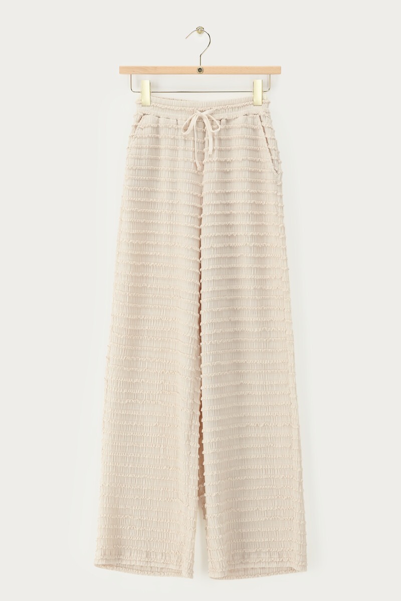 Beige wide leg trousers with elastic waistband and structure | My Jewellery