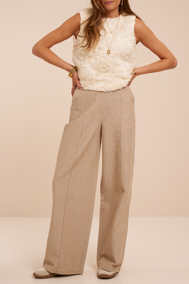 Beige pantalon met wijde pijpen en pintuck